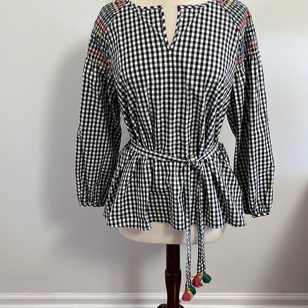 Madewell Smocked Gingham Tassel Tie Top - Picture 4 of 7